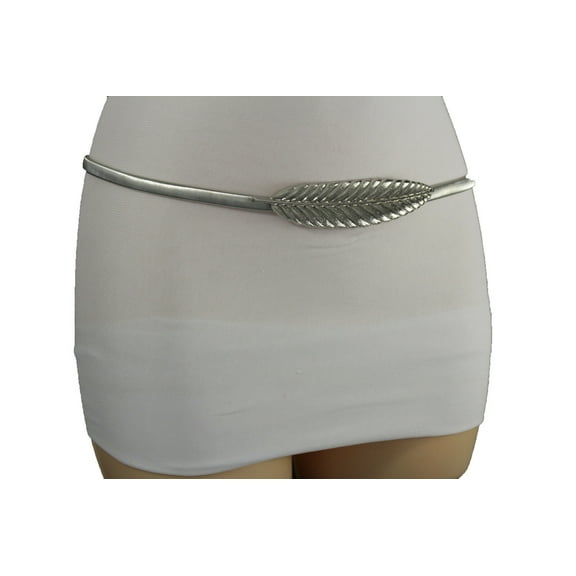 New Women Silver Metal Elastic Band Fancy Fashion Skinny Waistband Belt Big Long Leaf Charm Buckle Hip High Waist Size S M
