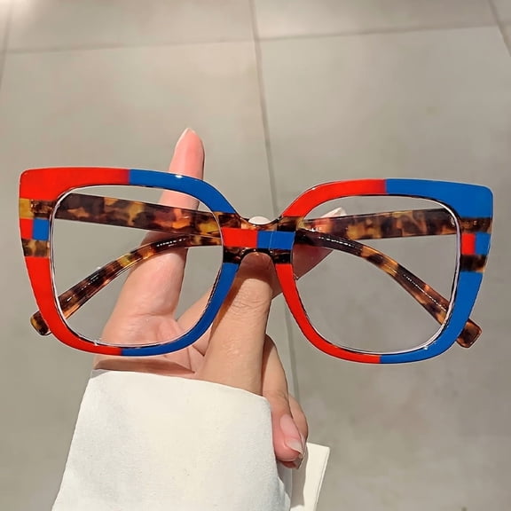 New Women Square Color Block Glass Large Frame Fashionable Leopard Print Design Decorative Eyeglasses