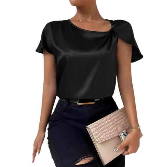 New Women Twist Detail Satin Blouse Casual Loose Solid Short Sleeve O-Neck Shirts Office Lady Tops