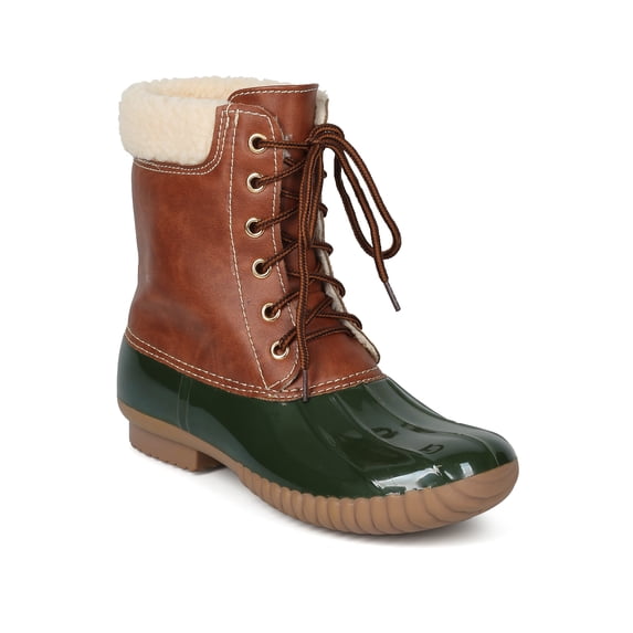 New Women Two Tone Faux Shearling Lined Lace Up Duck Boot - 17990 By Yoki