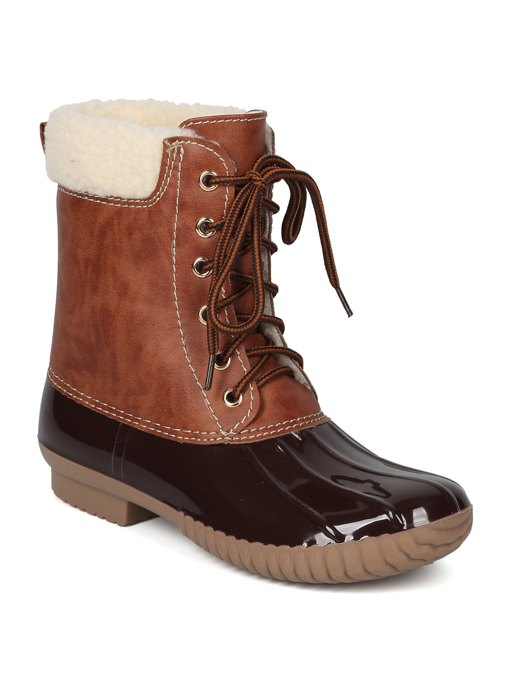 New Women Two Tone Faux Shearling Lined Lace Up Duck Boot - 17990 By Yoki - image 1 of 6