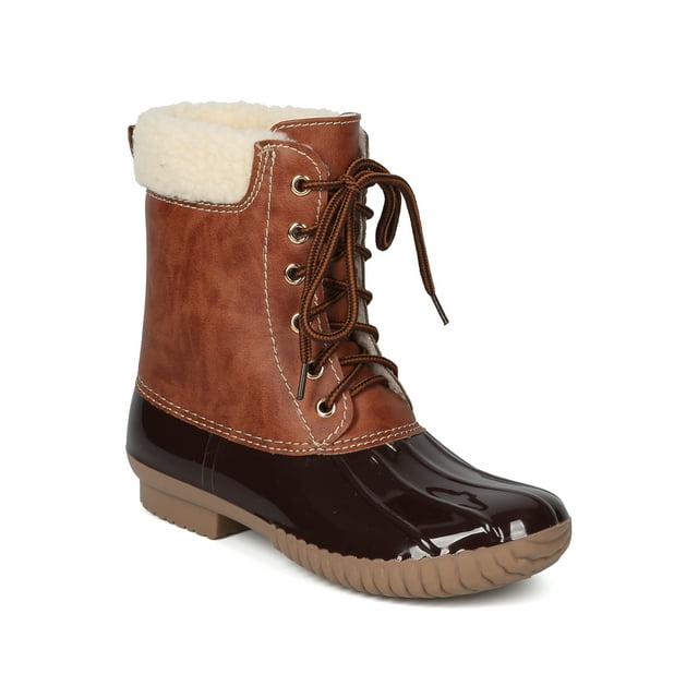 New Women Two Tone Faux Shearling Lined Lace Up Duck Boot - 17990 By Yoki