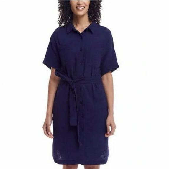 Weatherproof Vintage Womens Gauzy Shirt Dress With Belt Tie Navy Small
