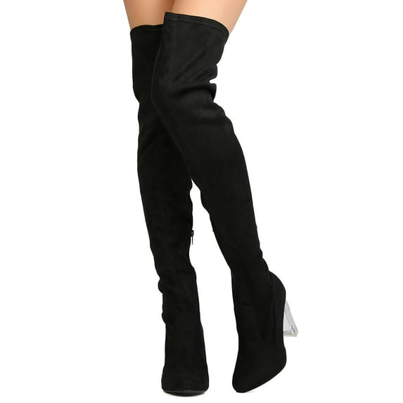 New Women Wild Diva Blossom-23 Faux Suede Thigh High Lucite Block Heel Boot