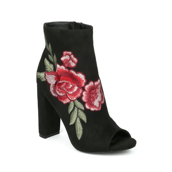 New Women Wild Diva Morris-03C Peep Toe Rose Embroidered Chunky Heel Bootie