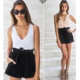 thumbnail image 1 of New Women's Beach Mid Waist Solid Color Fashion Sashes Cotton Shorts Casual Loose Shorts Waist -Paper-Bag Drawstring Ruffled Tie Front Shorts, 1 of 1