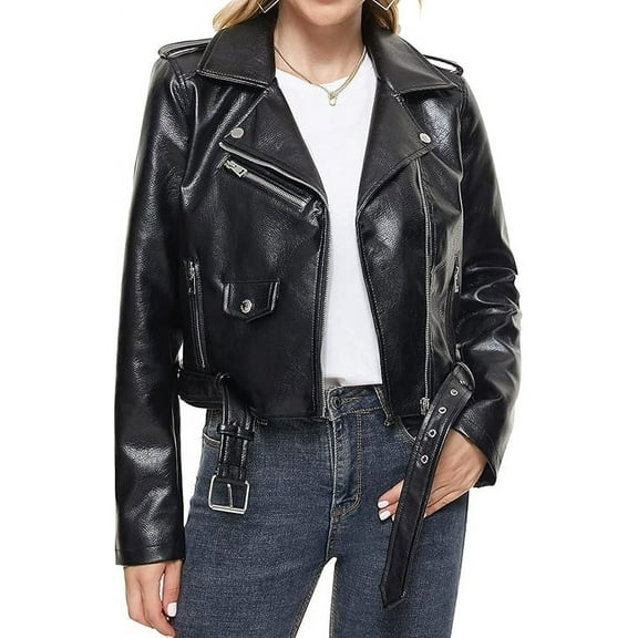 New Women's Black Lambskin Belted Leather Jacket Stylish Slim Fit Motorcycle Jacket W244
