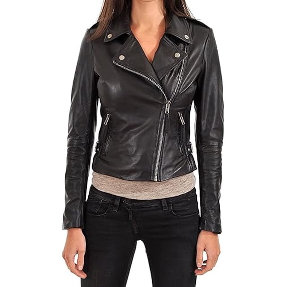 New Women's Black Leather Motorcycle Biker Jacket 100% Genuine Soft Lambskin W705