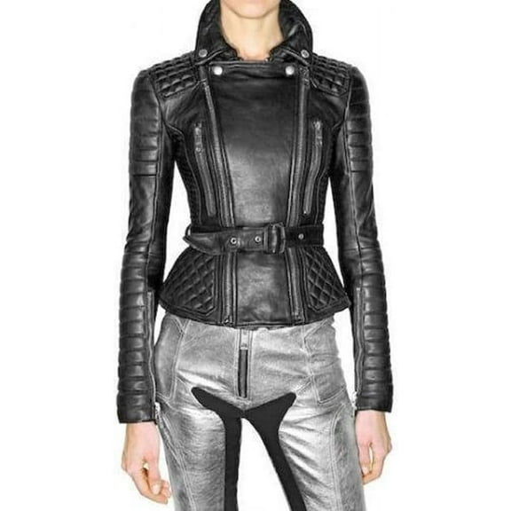 New Women's Black Quilted Leather Motorcycle Biker Collared Jacket 100% Genuine Soft Lambskin Belted jacket W315