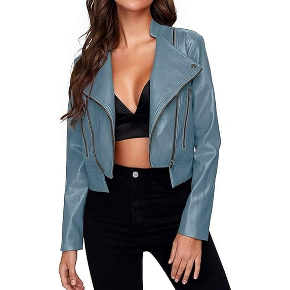 New Women's Blue Lambskin Leather Jacket Stylish Slim Fit Motorcycle Jacket W483