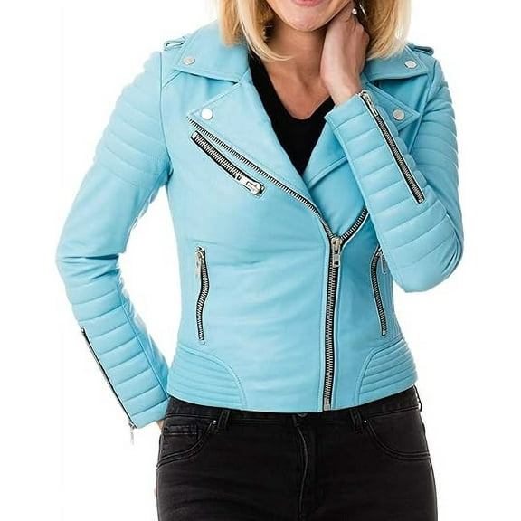 New Women's Blue Quilted Lambskin Collared Leather Jacket Stylish Slim Fit Motorcycle Jacket W546