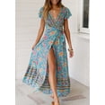 thumbnail image 1 of New Women's Bohemian Floral Printed Wrap V Neck Short Sleeve Split Beach Party Maxi Dress, 1 of 2