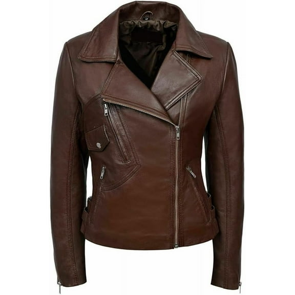 New Women's Brown Lambskin Leather Jacket Stylish Slim Fit Motorcycle Collared Jacket W381