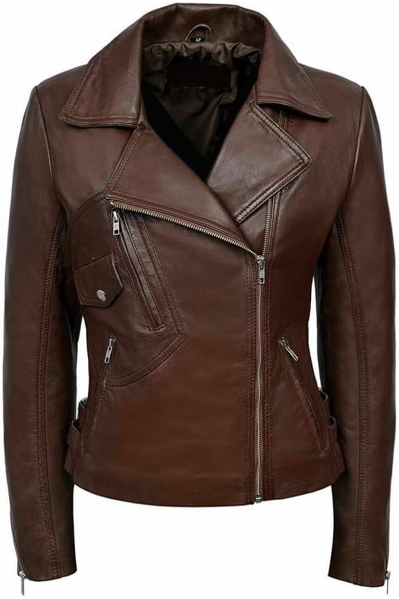 New Women's Brown Lambskin Leather Jacket Stylish Slim Fit Motorcycle Collared Jacket W381