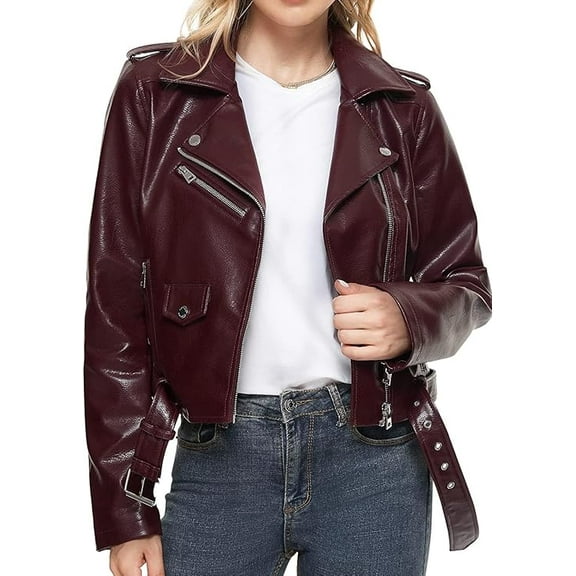 New Women's Burgandy Red Lambskin Leather Jacket Stylish Slim Fit Belted Motorcycle Jacket W223