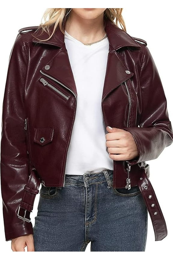 New Women's Burgandy Red Lambskin Leather Jacket Stylish Slim Fit Belted Motorcycle Jacket W223