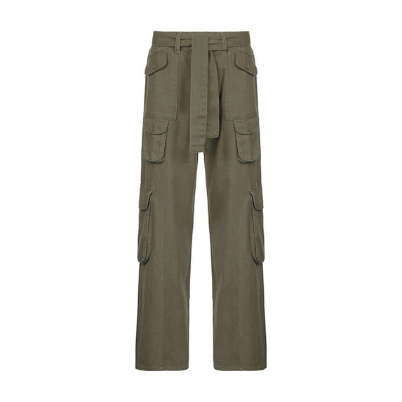 New Women's Casual Loose Drawstring Belt High Waist Pocket Gray Wide Leg Jeans Trousers - Gray - XL