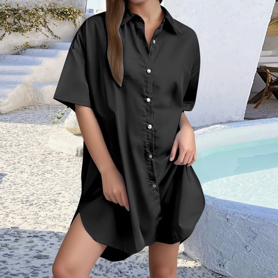 New Women's Casual Loose Fashion And Linen Solid Color Short Sleeved Shirt plus Size Colla Shirt T Shirts for Juniors Long Sleeve Summer Tops for Women Quarter Length Sleeve Shirts Womens Tops And