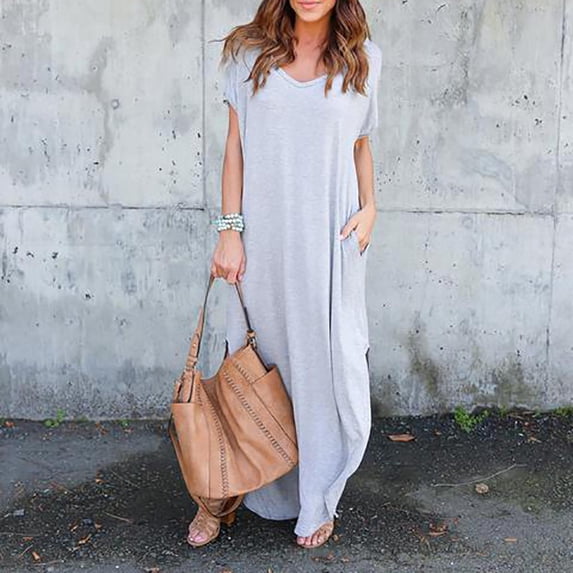 New Women's Casual Loose Pocket Long Dress Short Sleeve Split Maxi Dresses