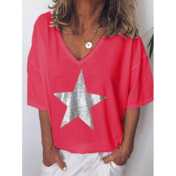 New Women's Casual Short Sleeve Crop Top Plus Size Blouse V Neck Shirts Solid Color Top Big Star Print Tee
