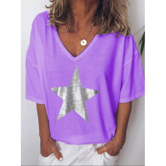 New Women's Casual Short Sleeve Crop Top Plus Size Blouse V Neck Shirts Solid Color Top Big Star Print Tee