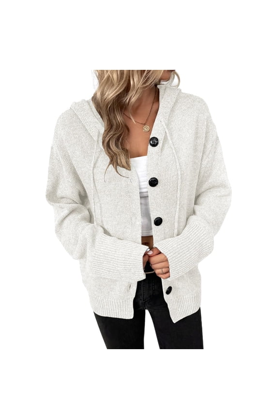 New Women's Cross-Border Knitted Coat, Hooded Cardigan with Drawstring & Single-Breast Closure