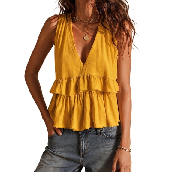 New Women’s Deep V Tank Tops Fashion Ruffle Hem Sleeveless Tops Casual Elegant Summer Vacation Tanks Yellow XXL