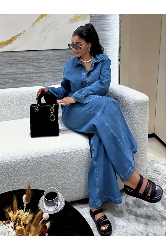 New Women's Denim Two-Piece Suit, lapel pocket shirt & straight pants, non-elastic structured fabric, casual spring wear, stylish western style.