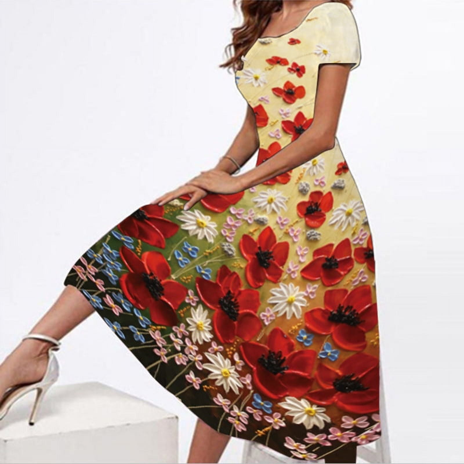 New Women’s Dresses Summer 3d Flowers Print ShortSleeved Skirt Tops