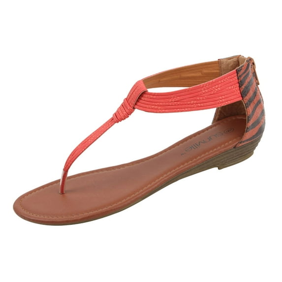 New Women's Fashion Casual Crystal Zebra Print Back Zipper Thong Flat Sandal Orange