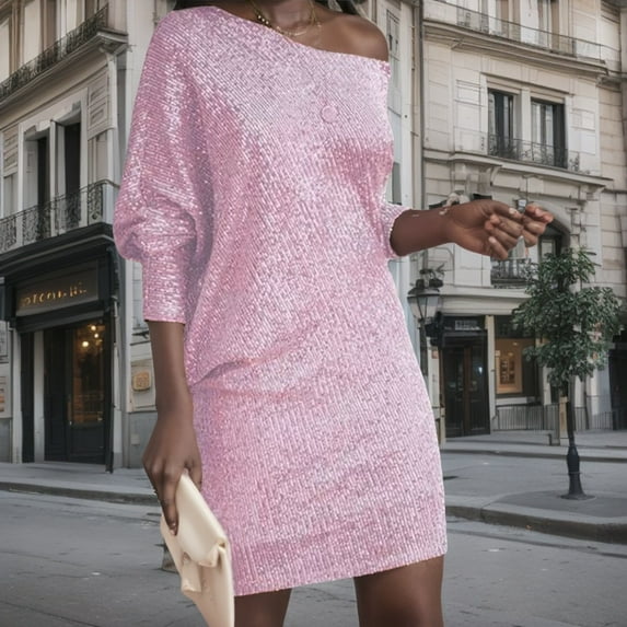 New Women's Fashion Solid Color Off-Shoulder Long Sleeve Short Dress Sequin Dress Formal Dress