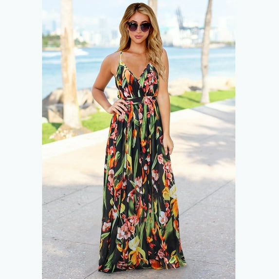 New Women's Floral Bohemian Floral Sling Long Skirt V Neck Sleeveless Party Beach Oversized Printed Extra Long Casual Dress