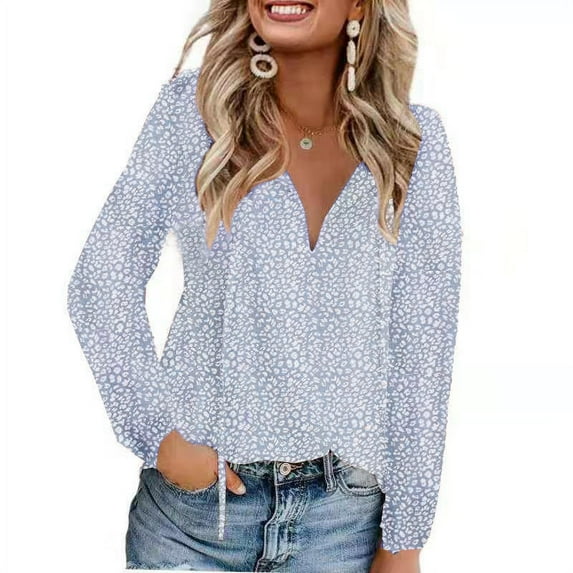 New Women's Floral Printed Casual V Neck Long Sleeve Blouse Loose Simplicity Pullover Shirt Tops