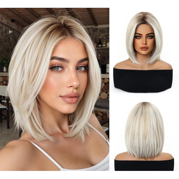 New Women’s Full-Length Bob Wig - Realistic Natural Mid-Part Wig for Youthful Look,Wigs for Women Human Hair Wig（White Gold / 14in）