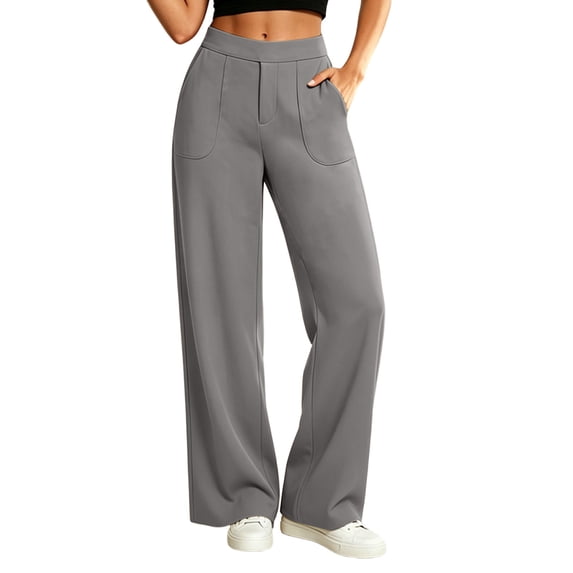 New Women's High Rise Wide Leg Pants Soft Stretch Loose Palazzo Trousers Business Work Casual Dress Trousers with Patch Pockets Gray