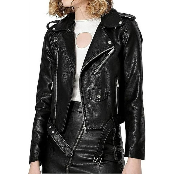 New Women's Lambskin Leather Collared Jacket Stylish Slim Fit Motorcycle Black Belt Jacket W420
