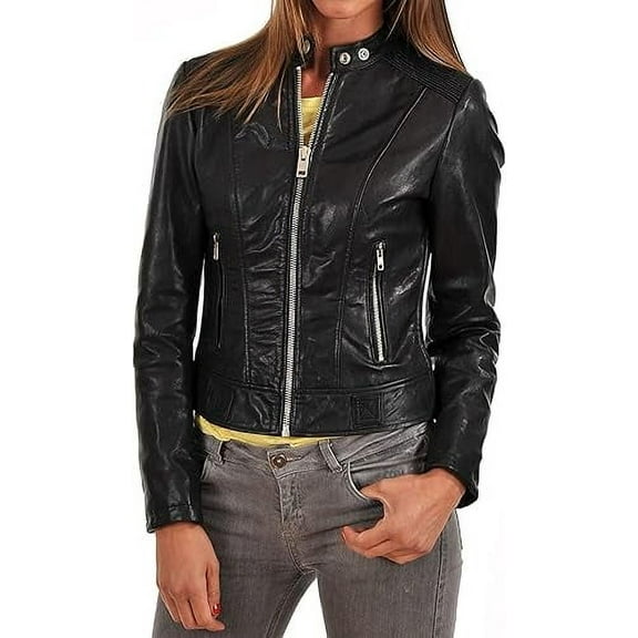 New Women's Lambskin Leather Jacket Stylish Slim Fit Motorcycle Black Jacket W596