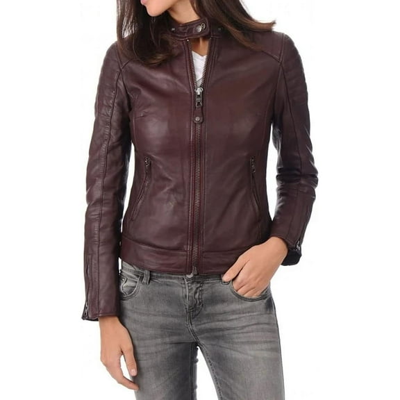 New Women's Lambskin Leather Jacket Stylish Slim Fit Motorcycle Burgandy Red Jacket W157
