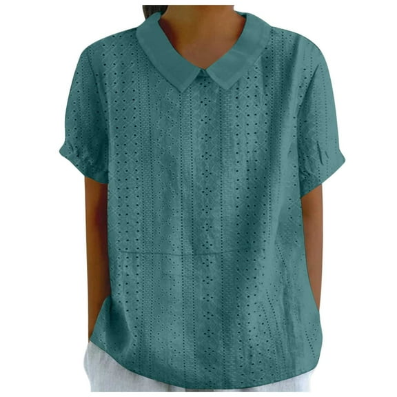New Women's Lapel Blouse - Loose Casual Short Sleeve Top - Splice Lacework Irregular Design
