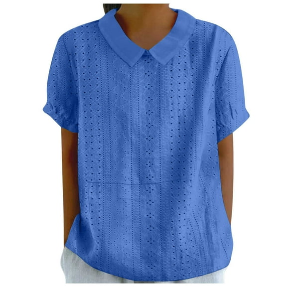 New Women's Lapel Blouse - Loose Casual Short Sleeve Top - Splice Lacework Irregular Design