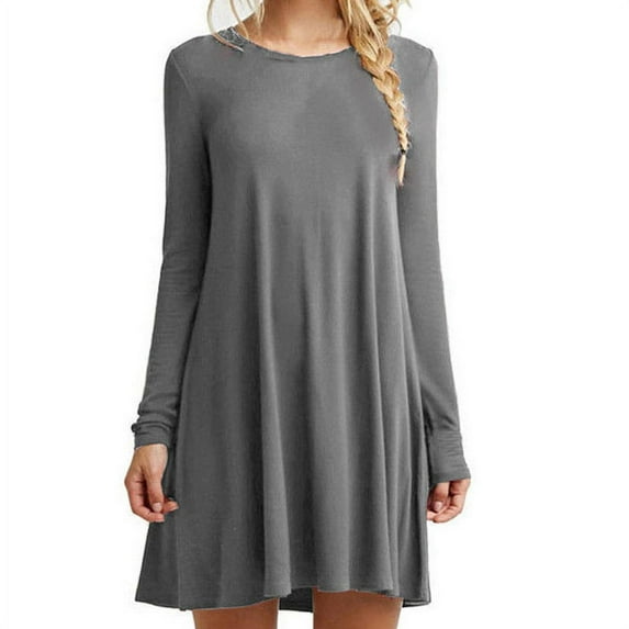 New Women's Loose Solid Color Round Neck Dresses Long-Sleeved Casual Dress