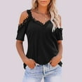 thumbnail image 1 of New Women's Loose V Neck Lace Lace Off The Shoulder T Shirt Women's Shirt Short Sleeve Tee Shirt Women Athletic Short Sleeve Tops for Women Tops for Women Casual Summer Womens Top Casual Tops Women, 1 of 8