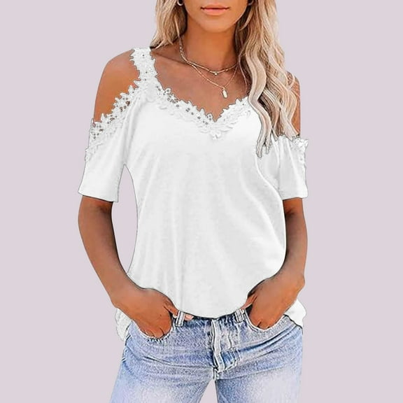 New Women's Loose V Neck Lace Lace Off The Shoulder T Shirt Women's Shirt Short Sleeve Tee Shirt Women Athletic Short Sleeve Tops for Women Tops for Women Casual Summer Womens Top Casual Tops Women