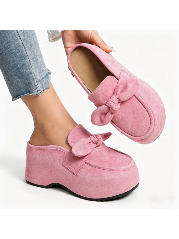 Women's Faux Suede Bowknot Wedge Mules, Slip-On Platform Clogs for Casual & Daily Wear