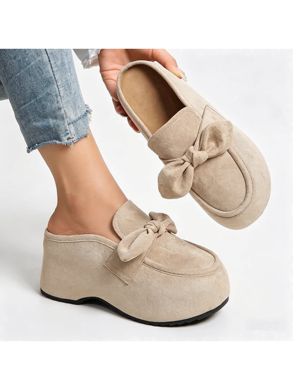 Women's Faux Suede Bowknot Wedge Mules, Slip-On Platform Clogs for Casual & Daily Wear