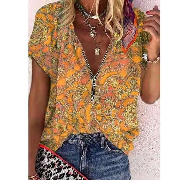 New Women's New Printed Zipper Short Sleeve T Shirt V Neck Top Casual Loose Blouse