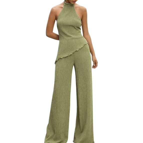 Women’s Olive Green Ruffle Crop Top & Wide-Leg Pants Set – Backless Boho Summer Beach 2-Piece Outfit