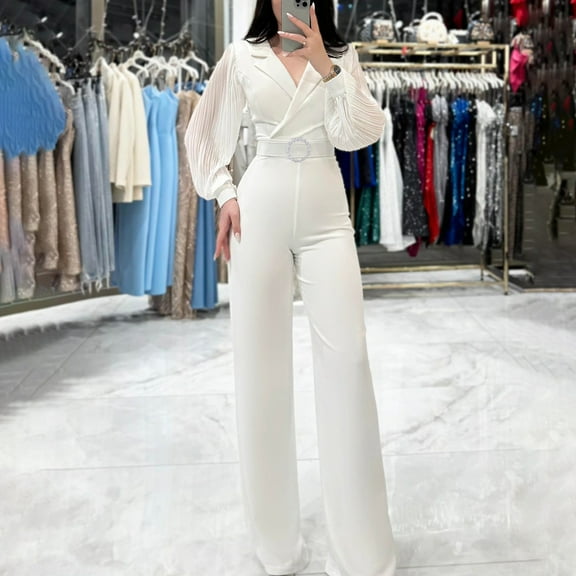 New Women's Pleated Long Sleeved Suit Collar Solid Color Slim Jumpsuit plus Size Summer Jumpsuits Women Shorts Rompers Womens Rompers for Tall Women Suits Womens Formal Jumpsuits Womens Jumpsuits And