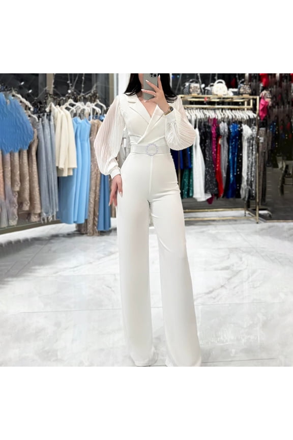 New Women's Pleated Long Sleeved Suit Collar Solid Color Slim Jumpsuit plus Size Summer Jumpsuits Women Shorts Rompers Womens Rompers for Tall Women Suits Womens Formal Jumpsuits Womens Jumpsuits And