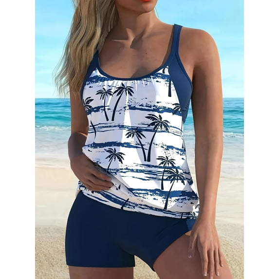 New Women's Popular Tankini Two-piece Set with Hollow Out Tropical Coconut Tree Print Beach Vacation Swimsuit for Women